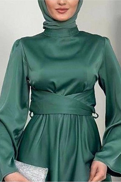 TRENDTESETTÜR Women's Green (K.Çağla) Belted Tesetture Evening Dress t 5016