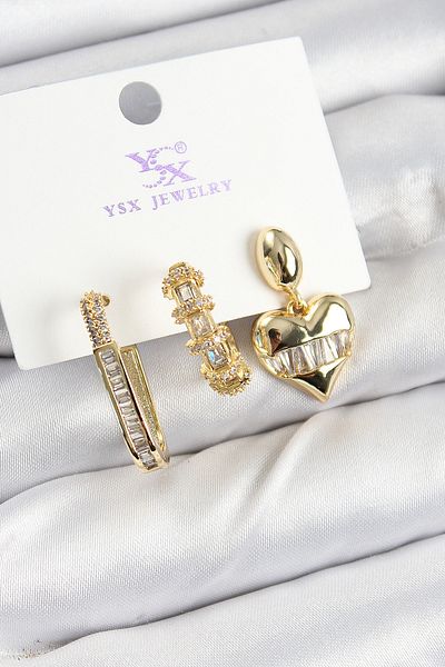 norsary Brass Zircon Stone Heart Model Gold Color 3-Piece Women's Earrings