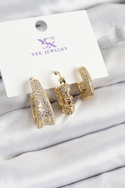 norsary Brass Zircon Stone Hoop Model Gold Color 3-Piece Women's Earrings