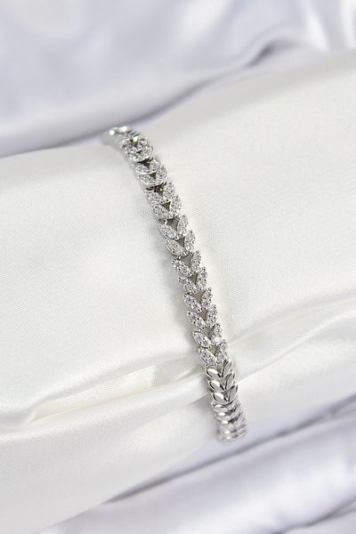norsary Brass Zircon Stone Row Leaf Model Silver Color Women's Bracelet