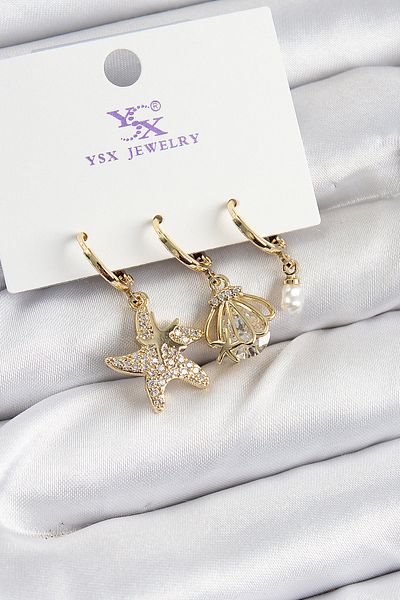norsary Brass Zircon Stone Starfish and Oyster Model Gold Color 3-Piece Women's Earrings