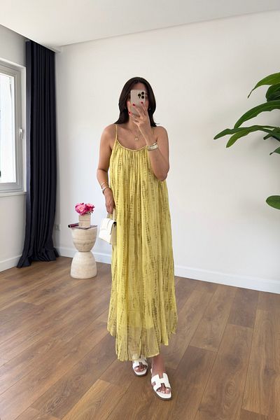 BİRCANÇİL Dorty Yellow Patterned Strap Adjustable Lined Chiffon Dress