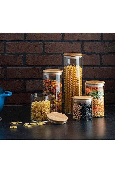 COOYA مجموعة مرطبانات زجاجية لتخزين الطعام، 5 قطع، عبوة محكمة الغلق بأغطية من الخيزران، وملصقات، وحلقة إغلاق