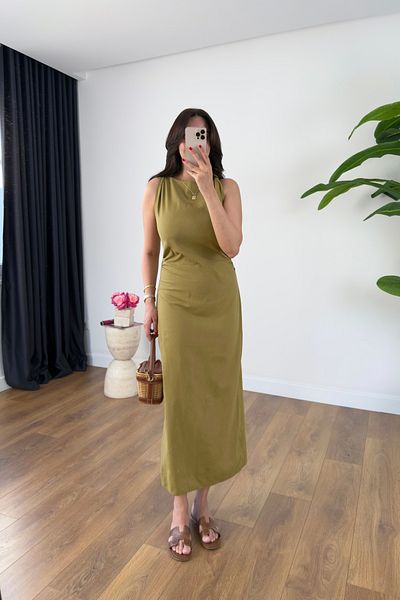 BİRCANÇİL Broen Olive Back Slit Shoulder Detail Dress