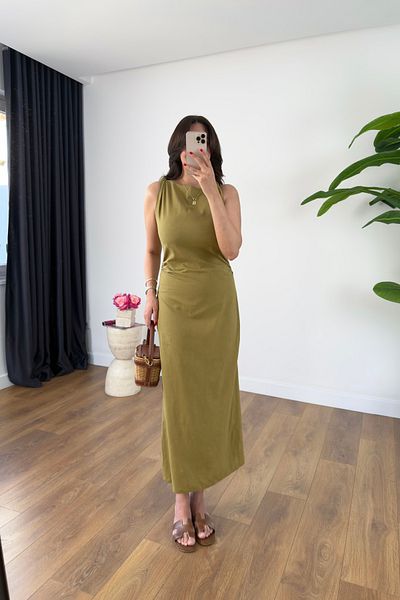 BİRCANÇİL Broen Olive Back Slit Shoulder Detail Dress