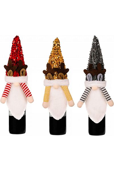Vpoofree Set of 3 Christmas wine bottle decorations, textile, red/gray/gold, 40 cm