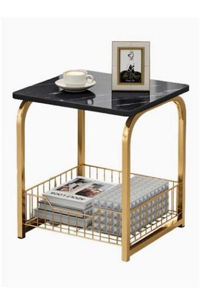 AGD Modern End Table With Storage Basket Sofa Side Table With Marble Design For Living Room