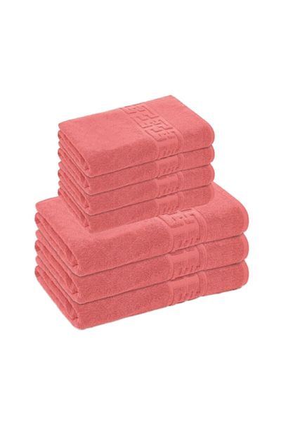 OEM Set of 7 bath towels, Cotton, Greek Border, 500g/m², 50x90cm/70x140cm, Coral