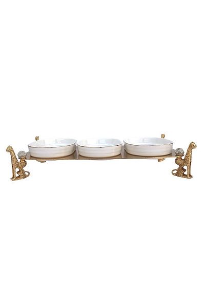 OEM Suport metalic cu picioare în formă de panteră și trei boluri ceramice, 35x7 cm