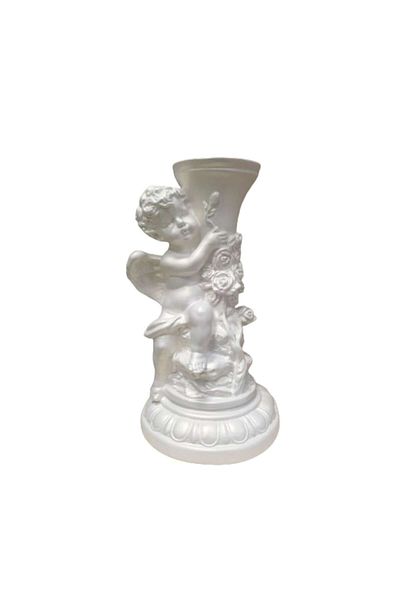 OEM Decoratiune din rasina Ingeras cu vas coloana cu flori, 25cm, alb perlat