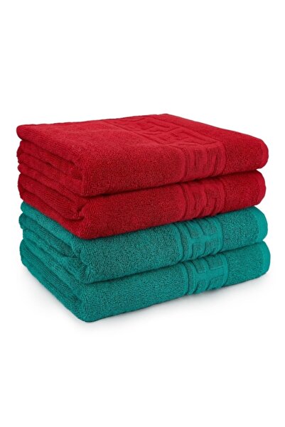 OEM Set 4 face towels, Cotton, Bicolor, Greek Border, 500g/m², 50x90cm, Dark Green-Red