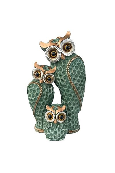 OEM Decorative Resin Figurine Representing an Owl Family, Green, 14x23 cm