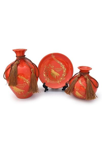 OEM Set 3 decorațiuni ceramice, 2 vaze și 1 farfurie, Note muzicale, 31x17, Coral Multicolor