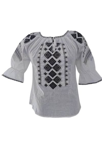 OEM Women's Blouse Type Ie, 3/4 Sleeve, Traditional Model, Cotton, Embroidery Black-Beige, Size S