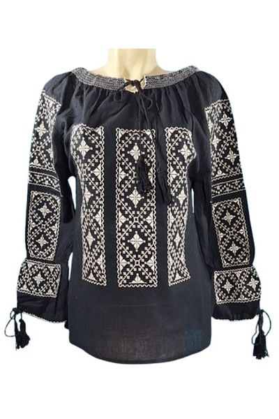OEM Women's Long Sleeve Traditional Embroidered Blouse, Beige, Black, Size XL