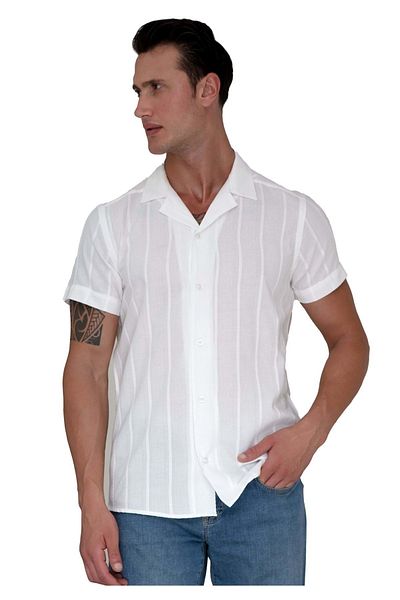 Exve Exclusive Cămașă casual cu mânecă scurtă, oversize, din in natural, cu dungi, hawaiană