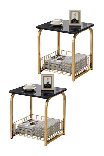 AGD Coffee Table Set, 2 Pieces, Side Table with Bottom Storage Basket, Modern Marble Design for Livi