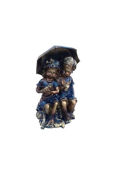 OEM Statueta din rasina, reprezentand doi copii, fata si baiat, cu umbrela si porumbel, 19x34 cm