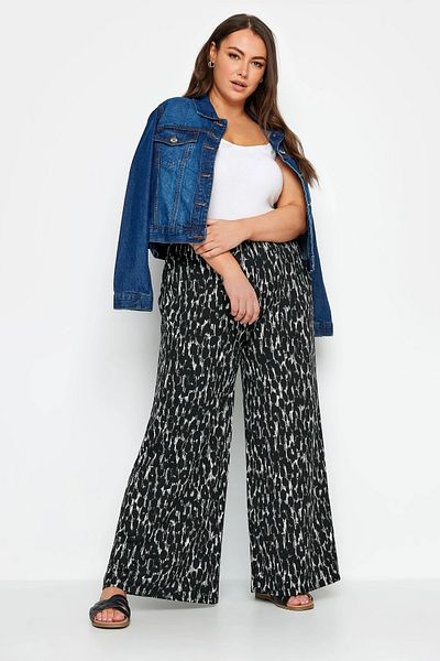 Stil Diva Large Size Patterned Wide Leg Trousers with Elastic Waist Pockets143736