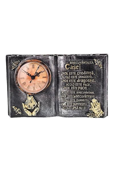 OEM Resin Decoration in the Shape of a Book with Clock and 'Blessing of the Home', 24x14 cm, Silver