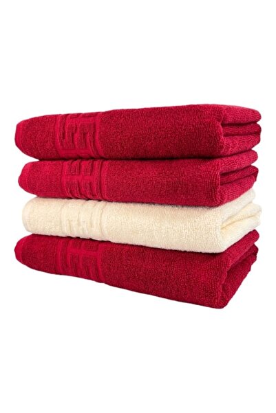 OEM Set 4 Hand Towels, Cotton, Bicolor, Greek Border, 500g/m², 30x50cm, Red-Ivory