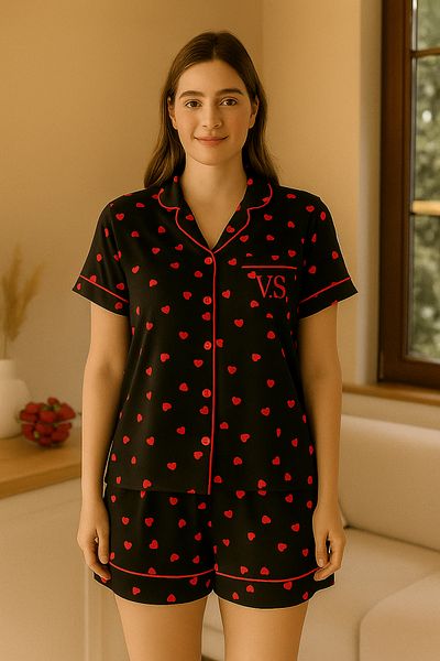 FENZO Women's Heart Cotton Viscose Shorts Pajamas Set Short Sleeve Top Short Shorts Casual Homewear