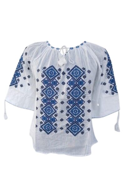 OEM Women's Traditional Embroidered Shirt in Blue-Black, Cotton, 3/4 Sleeve, Size M