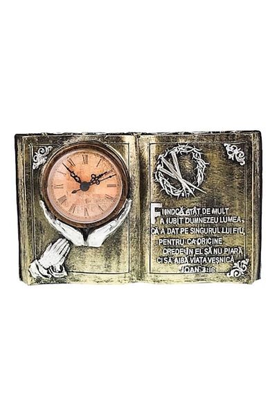 OEM Decoratiune din rasina in forma de carte cu ceas, coroana de spini si citat religios, 24x14 cm, auri