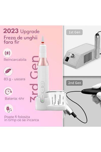 Elindor Freza De Unghii Profesională Fără Fir, 18.000 Rpm, 3 Viteze, 12 Capete, 36 Benzi De Șlefuit, Alb