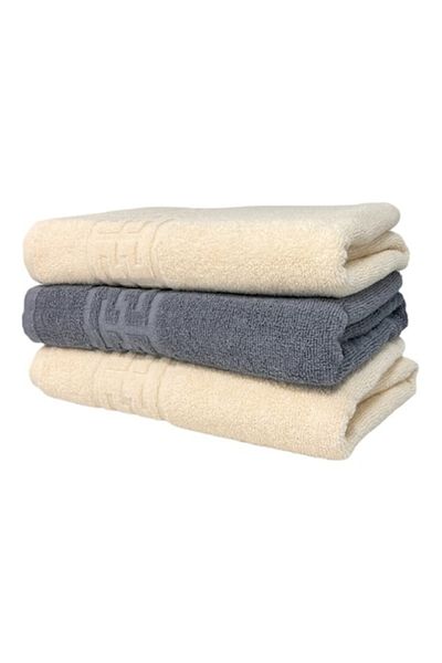 OEM Set 3 prosoape de baie, Bumbac, Bicolor, Bordura Greceasca, 500g/m², 70x140cm, Ivoire-Gri
