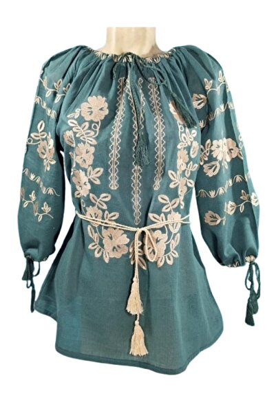 OEM Women's Blouse - Embroidered Beige Cotton, Traditional Design, 3/4 Sleeve, Green, Size 3XL