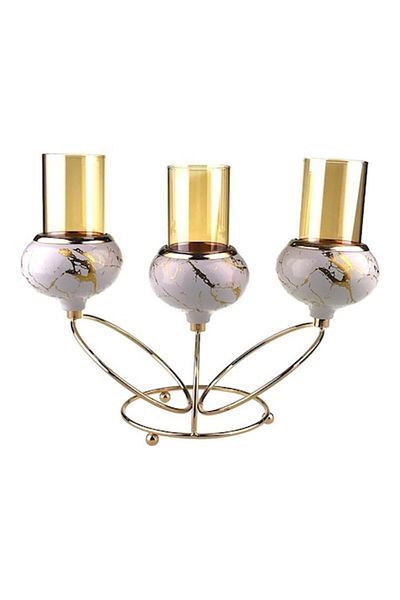 OEM Candela din metal cu trei pahare din sticla cu suport in forma de cercuri, 27X27 cm, auriu, M1