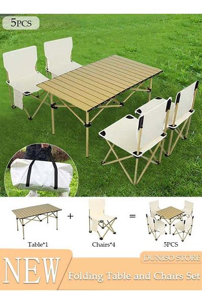 fun zone DUNISO 5PCS Folding Table and Chairs Set, Portable Picnic Long Table with 4 Seats, Camping Table wit