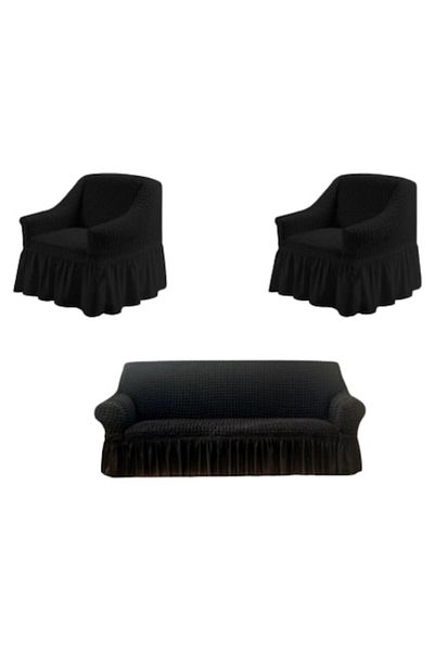 OEM Set 3 Huse, 2 fotolii si canapea 3 locuri, Creponat cu Volanase, Poliester cu Licra, Negru