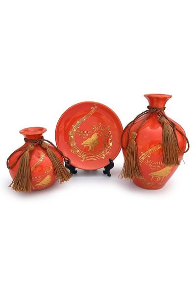 OEM Set din ceramica format din doua vaze si o farfurie cu note muzicale si snur, rosu, 32x17 cm