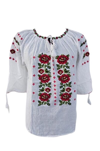 OEM Women's blouse, Traditional model, Cotton, Multicolor embroidery, 3/4 sleeve, Size S