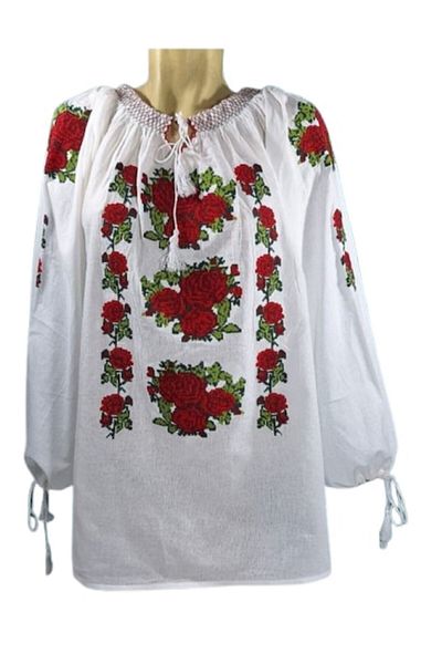 OEM Women's Traditional Romanian Blouse, Cotton, Long Sleeve, Embroidered Roses, Size 2XL