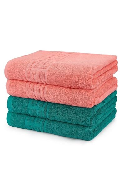 OEM Set 4 prosoape de baie, Bumbac, Bicolor, Bordura Greceasca, 500g/m², 70x140cm, Corai-Verde Inchis