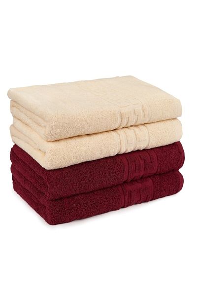 OEM Set 4 Hand Towels, Cotton, Two-Tone, Greek Border, 500g/m², 30x50cm, Ivory-Bordeaux