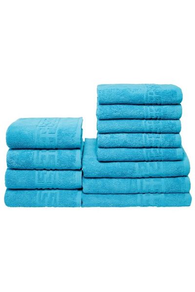 OEM Set 12 bath towels, Cotton, Uni, Greek Border, 500g/m², Turquoise
