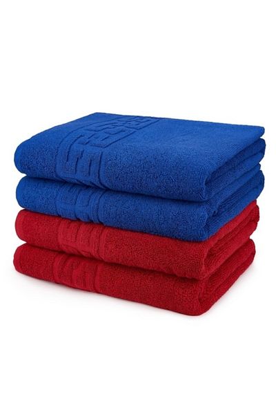 OEM Set 4 bathroom towels, Cotton, Bicolor, Greek Border, 500g/m², 70x140cm, Red-Navy Blue