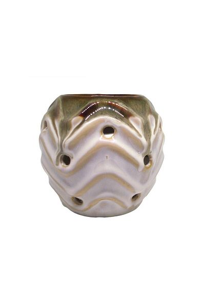 OEM Candela ceramica, aromoterapie, cu dungi orizontale si gauri, 10cm, bej