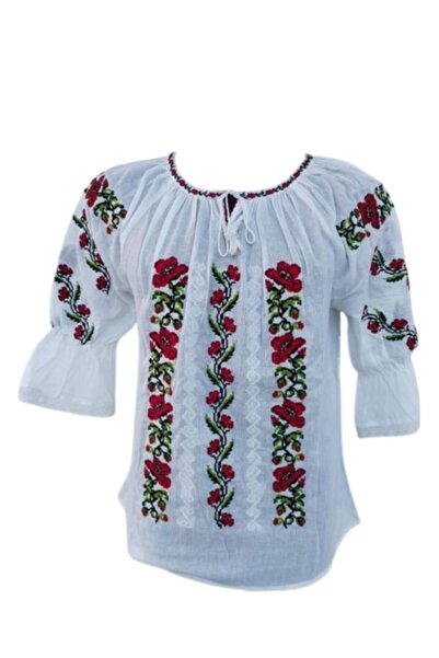 OEM Women's Blouse, Traditional Model, 3/4 Sleeve, Cotton, Black-Red Embroidery, Size 2XL