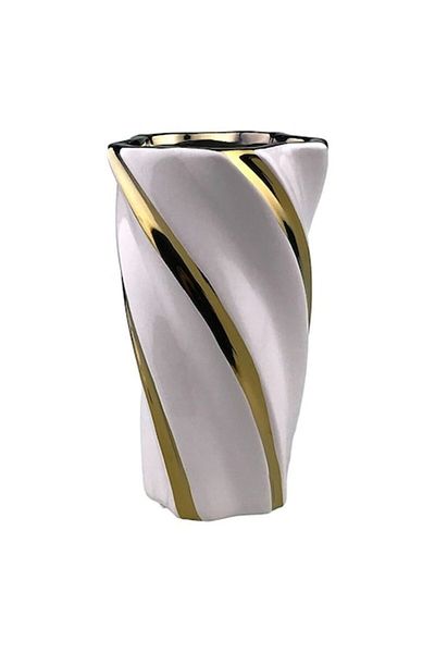 OEM Ceramic Vase with Embossed Stripes, 13x28 cm, White-Gold