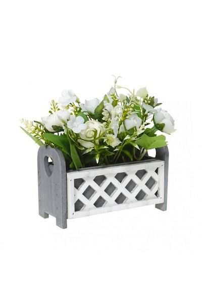 OEM Artificial Arrangement with Roses, in Wooden Pot, White, 17x7x9 cm