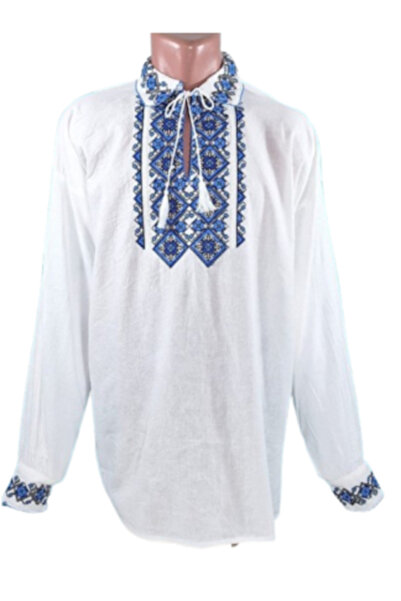 OEM Ανδρική Παραδοσιακή Ρουμανική Μπλούζα, Μακρυμάνικη, Μπλε Κέντημα, Βαμβάκι...