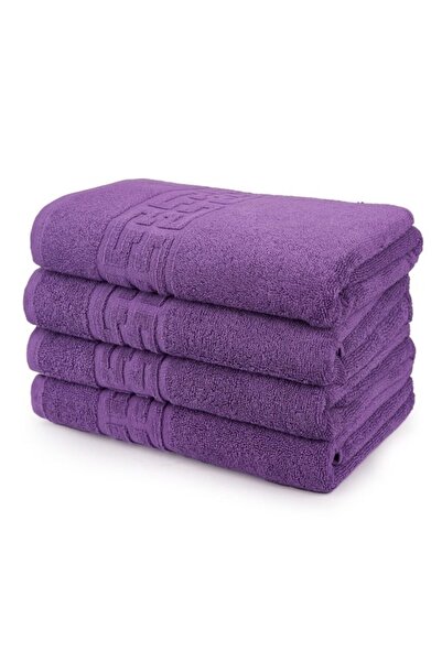 OEM Set 4 face towels, Cotton, Greek Border, 500g/m², 50x90cm, Purple