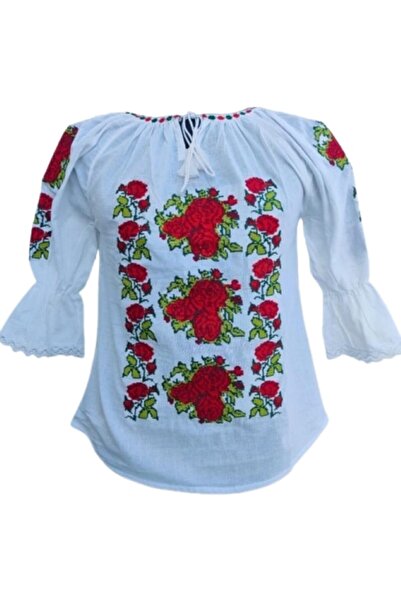 OEM Ie pentru dama, traditionala, bumbac, imprimeu trandafiri, Alb-rosu, marime L