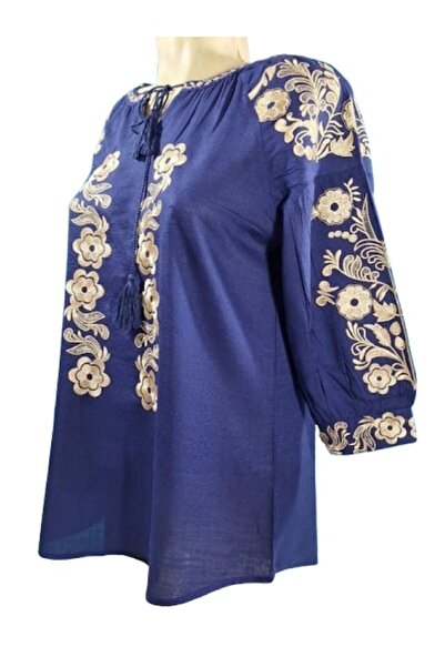 OEM Ie Dama, Maneca 3/4, Bumbac, Model Traditional, Broderie Bej, Bleumarin, Marime M