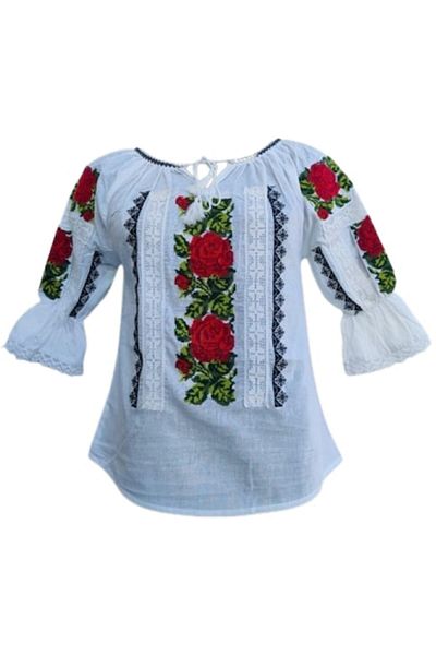 OEM Ie pentru dama, traditionala, bumbac, rosu, imprimeu trandafiri, marimea 2XL